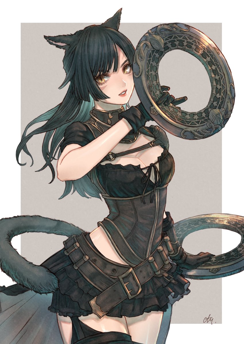 1girl, absurdres, animal_ears, belt, black_gloves, black_hair, black_skirt, breasts, cam_(cammero95713700), cat_ears, cat_girl, cat_tail, chakram, cleavage, corset, dancer_(final_fantasy), dual_wielding, facepaint, final_fantasy, final_fantasy_xiv, gloves, highres, holding, holding_weapon, long_hair, looking_to_the_side, midriff_peek, miqo'te, short_sleeves, signature, simple_background, skirt, slit_pupils, solo, tail, warrior_of_light_(ff14), weapon, yellow_eyes