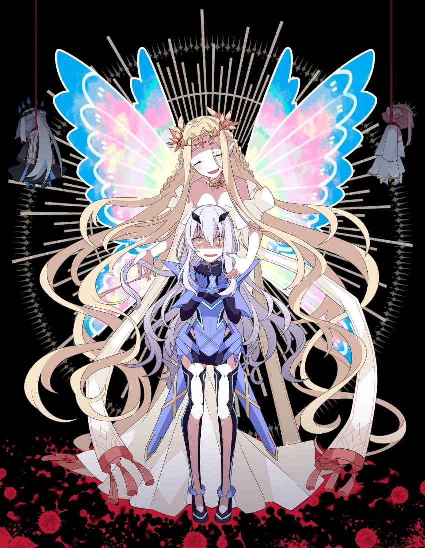 4girls, absurdly_long_hair, armor, armored_dress, aurora_(fate), bare_shoulders, black_legwear, blonde_hair, blue_armor, blue_dress, blush, breastplate, character_request, circlet, closed_eyes, covered_navel, dragon, dress, fairy, melusine_(fate), melusine_(first_ascension)_(fate), fate/grand_order, fate_(series), faulds, forehead, highres, jewelry, cnoc_na_riabh_(fate), kujiramaru, long_hair, medb_(fate), morgan_le_fay_(fate), multiple_girls, necklace, open_mouth, parted_bangs, pauldrons, pointy_ears, short_dress, shoulder_armor, sidelocks, smile, very_long_hair, weapon, white_dress, white_hair, wings, yellow_eyes