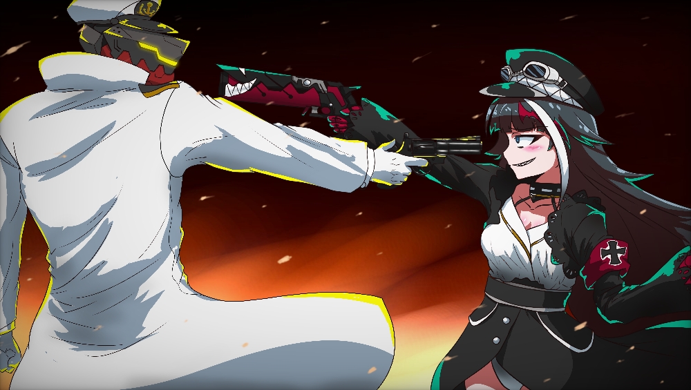 1girl, 1other, :d, aiming, armband, azur_lane, black_hair, blue_eyes, blurry, breasts, newsboy_cap, choker, cleavage, clenched_hand, commander_(azur_lane), commentary_request, cross, depth_of_field, deutschland_(azur_lane), fire, gloves, goggles, goggles_on_headwear, grin, gun, hair_between_eyes, handgun, hat, holding, holding_gun, holding_weapon, iron_cross, long_hair, long_sleeves, military, military_uniform, multicolored_hair, naval_uniform, open_mouth, parody_request, peaked_cap, pointing, pointing_at_another, red_gloves, sharp_teeth, sidelocks, smile, spaghetti_strap, streaked_hair, takezuchi, teeth, weapon, white_gloves, wind