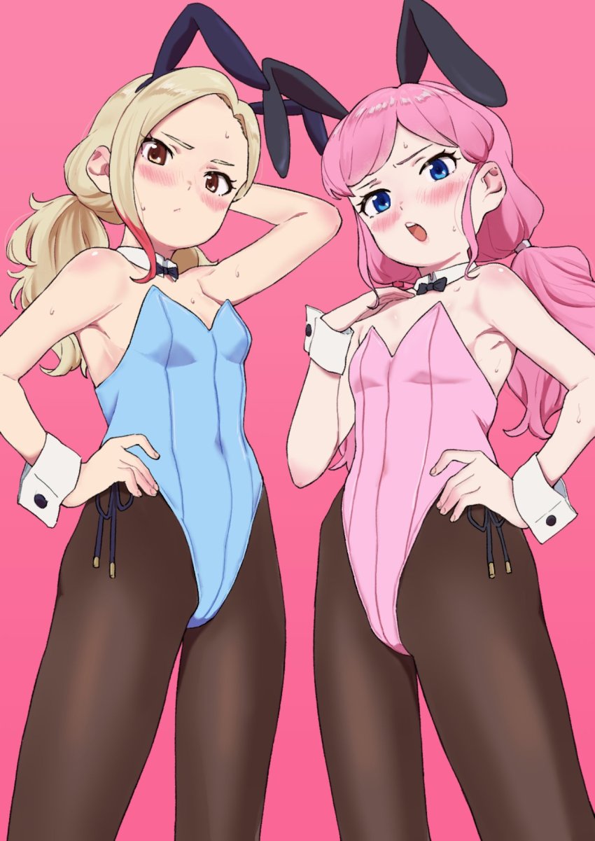 2girls, animal_ears, black_bow, black_bowtie, blonde_hair, blue_eyes, blue_leotard, blush