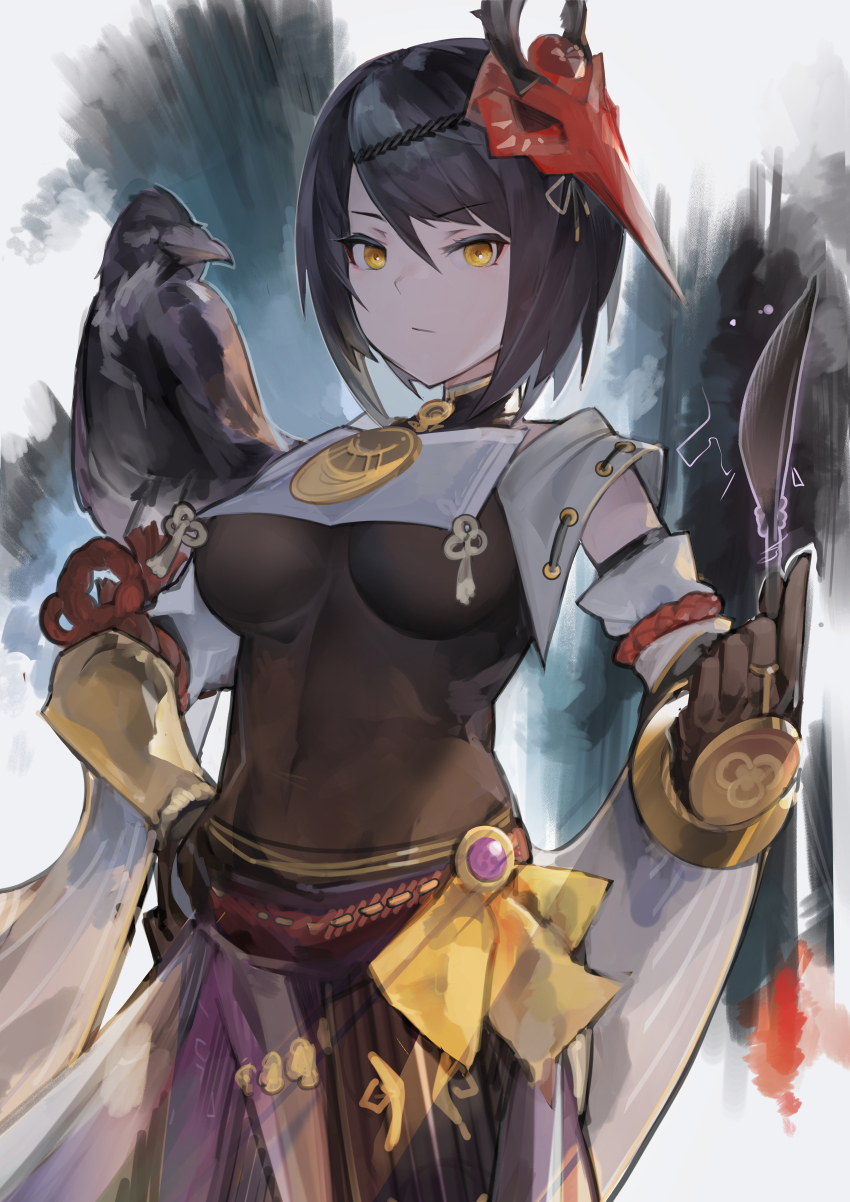 1girl, absurdres, bird, black_bodysuit, black_gloves, black_hair, bodysuit, bracer