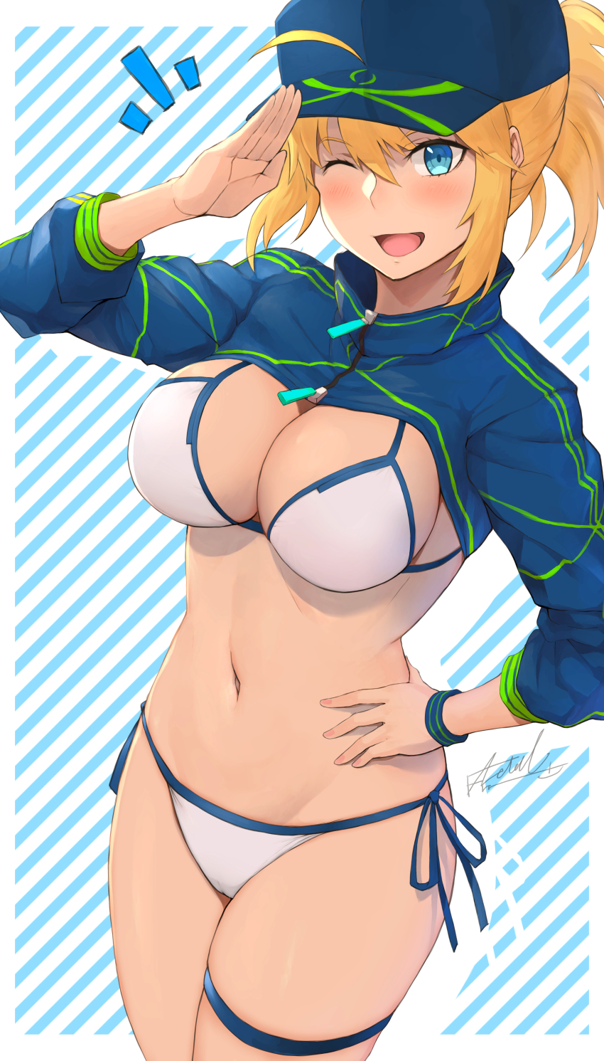 1girl, absurdres, ahoge, artoria_pendragon_(fate), baseball_cap, bikini, blonde_hair, blue_eyes, blue_hat, blue_jacket, blush, breasts, cleavage, cropped_jacket, fate/grand_order, fate_(series), hair_between_eyes, hair_through_headwear, hand_on_own_hip, hat, highres, jacket, large_breasts, long_hair, long_sleeves, looking_at_viewer, metalfrog, mysterious_heroine_x_(fate), mysterious_heroine_xx_(fate), navel, one_eye_closed, open_mouth, ponytail, salute, shrug_(clothing), sidelocks, smile, solo, swimsuit, thighs, white_bikini, wristband