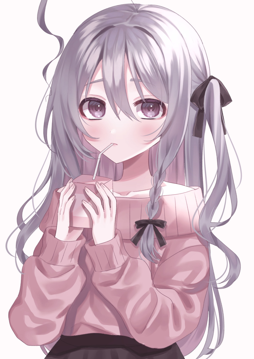 1girl, ahoge, alternate_costume, blush, braid, collarbone, drinking_straw, food