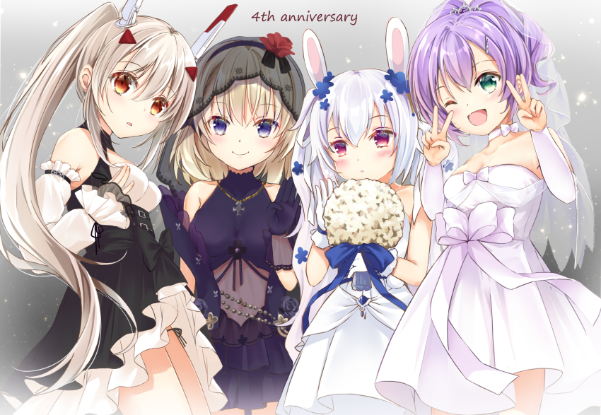 4girls, ;d, animal_ears, ayanami_(azur_lane), ayanami_(nightfall_raiment)_(azur_lane), azur_lane, bare_shoulders, black_bow