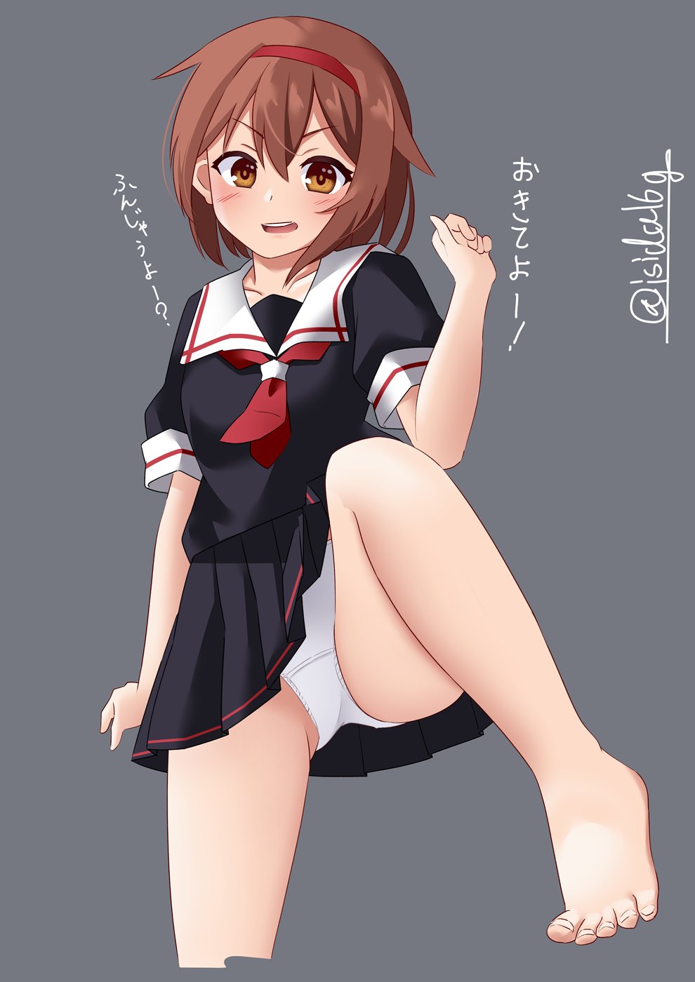 1girl, barefoot, black_sailor_collar, black_serafuku, black_shirt, black_skirt, brown_eyes, brown_hair