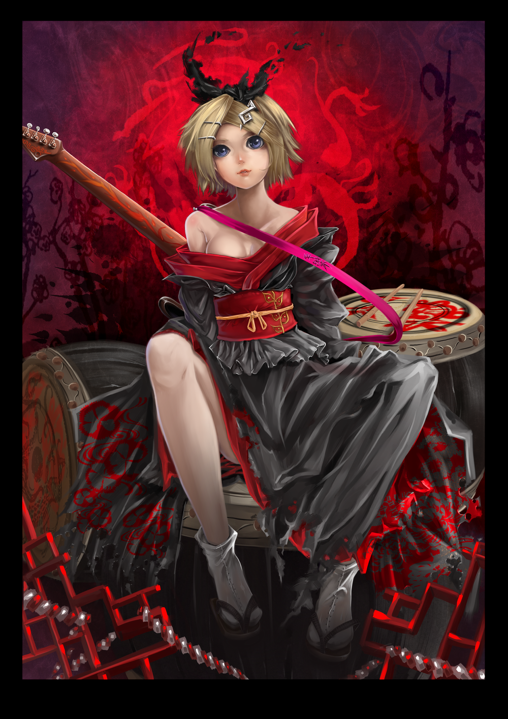 1girl, bare_shoulders, bass_guitar, blonde_hair, blue_eyes, breasts, cleavage, drum