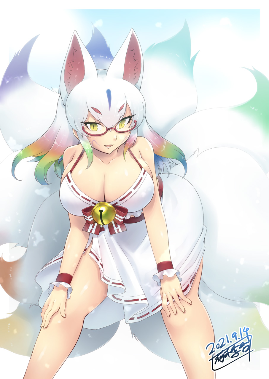1girl, :d, alternate_costume, animal_ears, barefoot, bell, breasts, commentary_request
