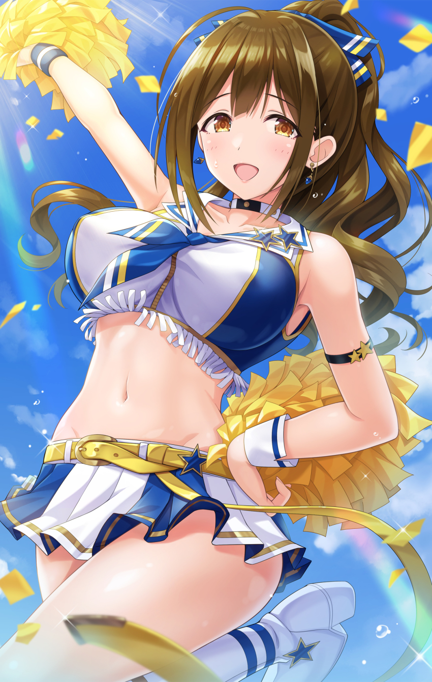 1girl, armband, bare_shoulders, belt, boots, brown_eyes, brown_hair, cheering, cheerleader, crop_top, hand_on_own_hip, happy, high_heel_boots, high_heels, highres, idolmaster, idolmaster_shiny_colors, kuwayama_chiyuki, leg_up, long_belt, looking_at_viewer, open_mouth, pom_pom_(cheerleading), ponytail, single_wrist_cuff, skirt, solo, thighs, urabi_(tomatohouse), white_boots, wrist_cuffs, yellow_belt
