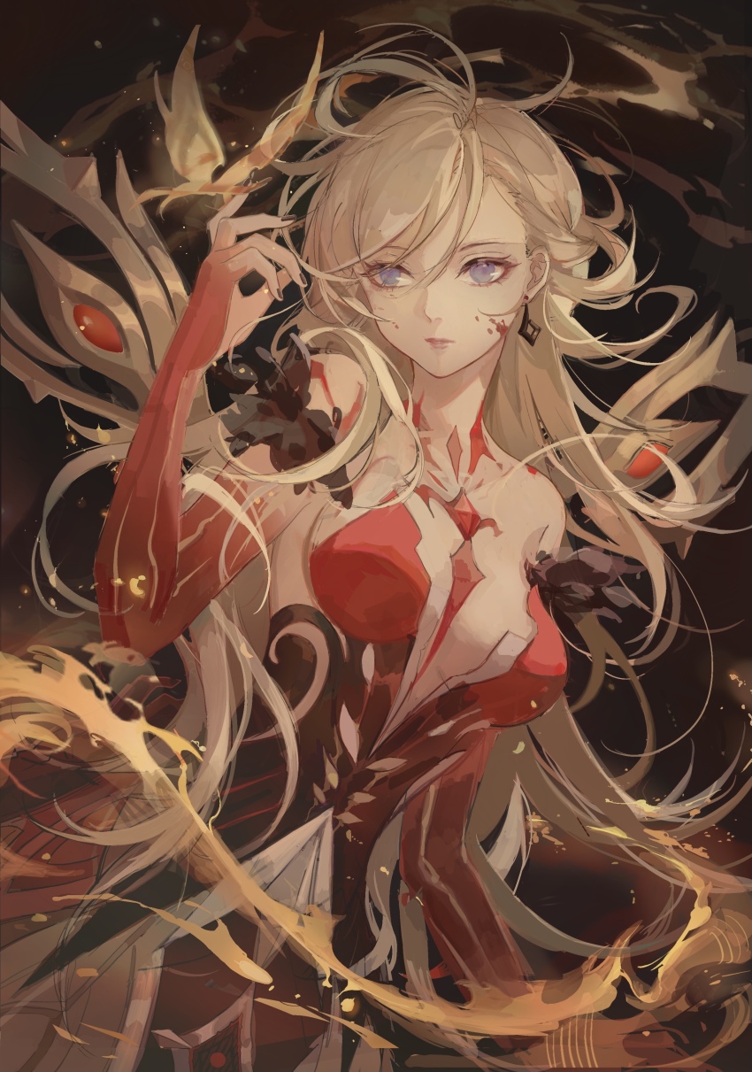 1girl, absurdres, bare_shoulders, bird, black_nails, blonde_hair, blood, blood_on_face