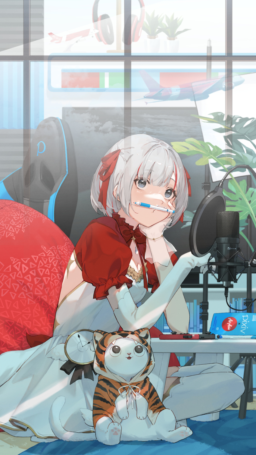 1girl, animal_costume, animal_print, aozora_kurumi, blue_eyes, breasts, cat, chabudai