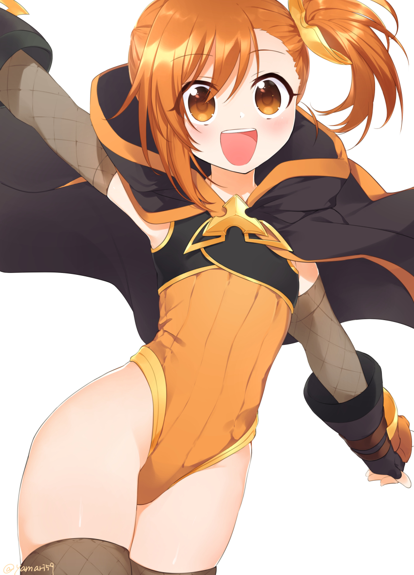 1girl, absurdres, arm_up, black_cloak, black_gloves, black_thighhighs, brown_eyes, cloak, fingerless_gloves, fishnet_thighhighs, fishnets, gloves, highleg, highleg_leotard, highres, leotard, mari_(rodoney-kiara), misogi_(princess_connect!), open_mouth, orange_hair, orange_leotard, princess_connect!, short_hair, side_ponytail, simple_background, smile, solo, thighhighs, thighs, waving, white_background, wind, wind_lift