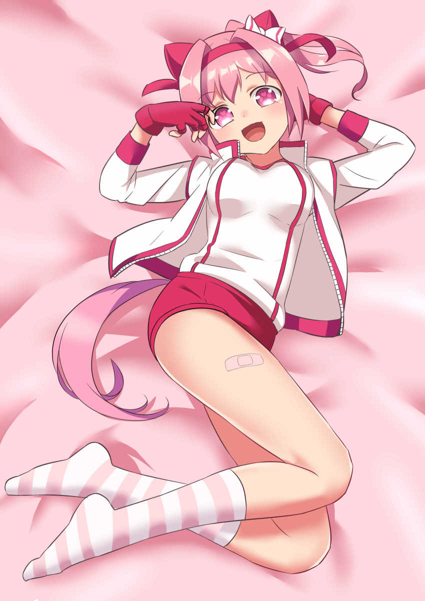 1girl, absurdres, animal_ears, arm_behind_head, arms_up, bandaid, bandaid_on_leg, bow, buruma, ear_covers, fingerless_gloves, flower-shaped_pupils, flower_in_eye, full_body, gloves, gym_uniform, hair_bow, hair_intakes, haru_urara_(bestest_prize)_(umamusume), haru_urara_(umamusume), hayashi_yoshiyuki, headband, highres, horse_ears, horse_girl, horse_tail, jacket, kneehighs, legs, long_hair, lying, on_back, open_mouth, pink_eyes, pink_hair, ponytail, red_buruma, red_gloves, ribbon, shirt, smile, socks, solo, striped_clothes, striped_socks, symbol-shaped_pupils, symbol_in_eye, tail, thighs, track_jacket, umamusume, white_jacket, white_shirt