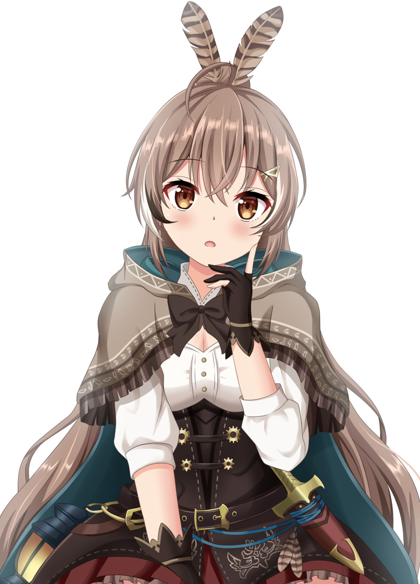 1girl, absurdres, ahoge, black_gloves, blush, breasts, brown_capelet, brown_eyes