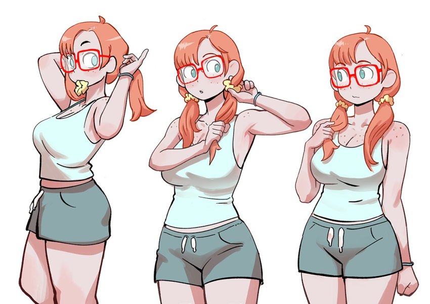 1girl, alternate_hairstyle, blue_eyes, blush, breasts, cleavage, closed_mouth, colo_(nagrolaz), freckles, glasses, large_breasts, looking_away, low_twintails, medium_hair, red-framed_eyewear, red_hair, rita_(sweethex), shorts, sweethex, tank_top, twintails