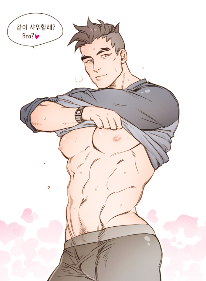 1boy, abs, bara, bare_pectorals, bgp_122, black_eyes, black_hair, black_male_underwear, boxers, clothes_lift, craig_cahn, dream_daddy:_a_dad_dating_simulator, korean_text, large_pectorals, looking_at_viewer, male_focus, male_underwear, mature_male, muscular, muscular_male, navel, nipples, pectorals, shirt, shirt_lift, short_hair, solo, translated, undercut, underwear, watch, white_shirt, wristwatch