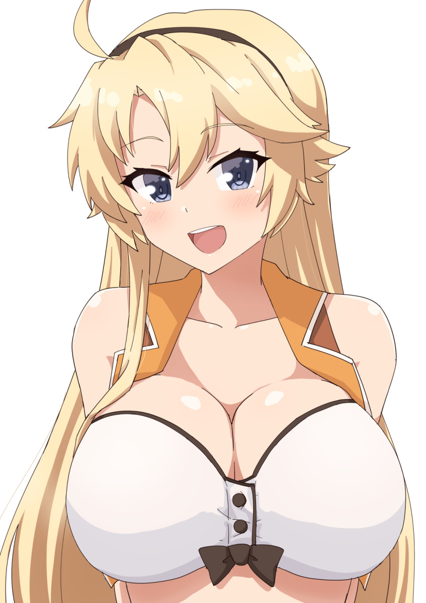 1girl, ahoge, black_hairband, blonde_hair, blue_eyes, blush, breasts, cleavage