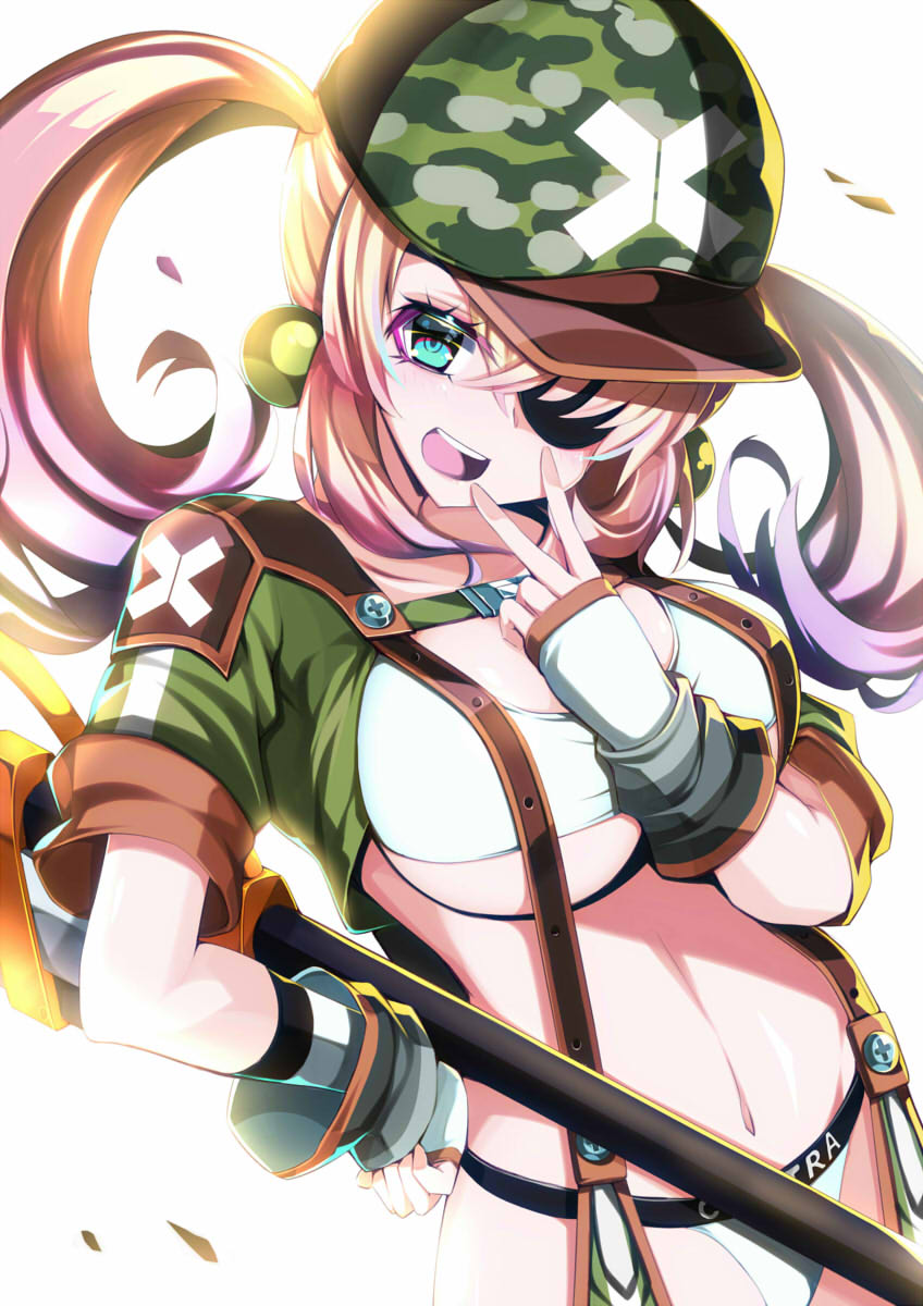 1girl, blonde_hair, blue_eyes, blush, bombergirl, breasts, cleavage, collarbone