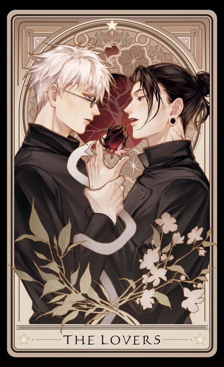 2boys, black_eyes, black_hair, black_jacket, blue_eyes, card_(medium), chanasykine, couple