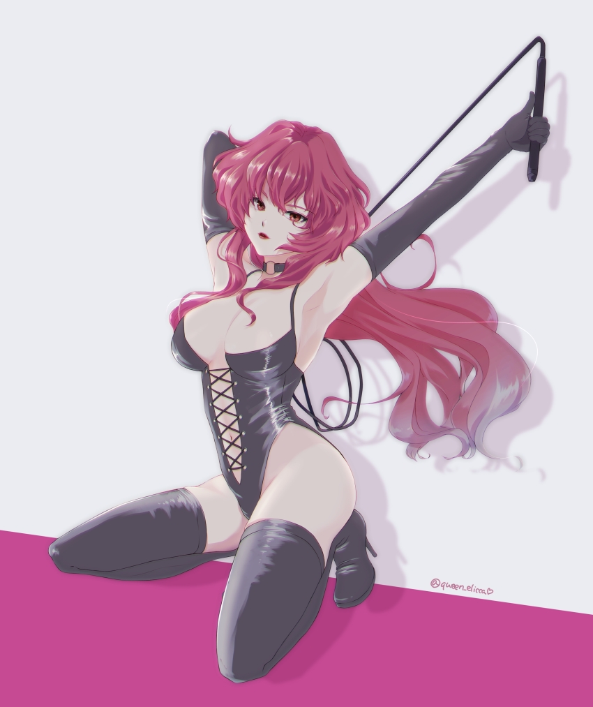 1girl, absurdres, bakuretsu_hunters, black_boots, black_choker, black_leotard, boots, breasts, brown_eyes, choker, cleavage, dominatrix, floating_hair, head_tilt, high_heel_boots, high_heels, highres, holding, holding_whip, kneeling, leotard, long_hair, looking_at_viewer, medium_breasts, navel, o-ring, o-ring_choker, queen_elicca, red_hair, solo, thigh_boots, thighhighs, tira_misu