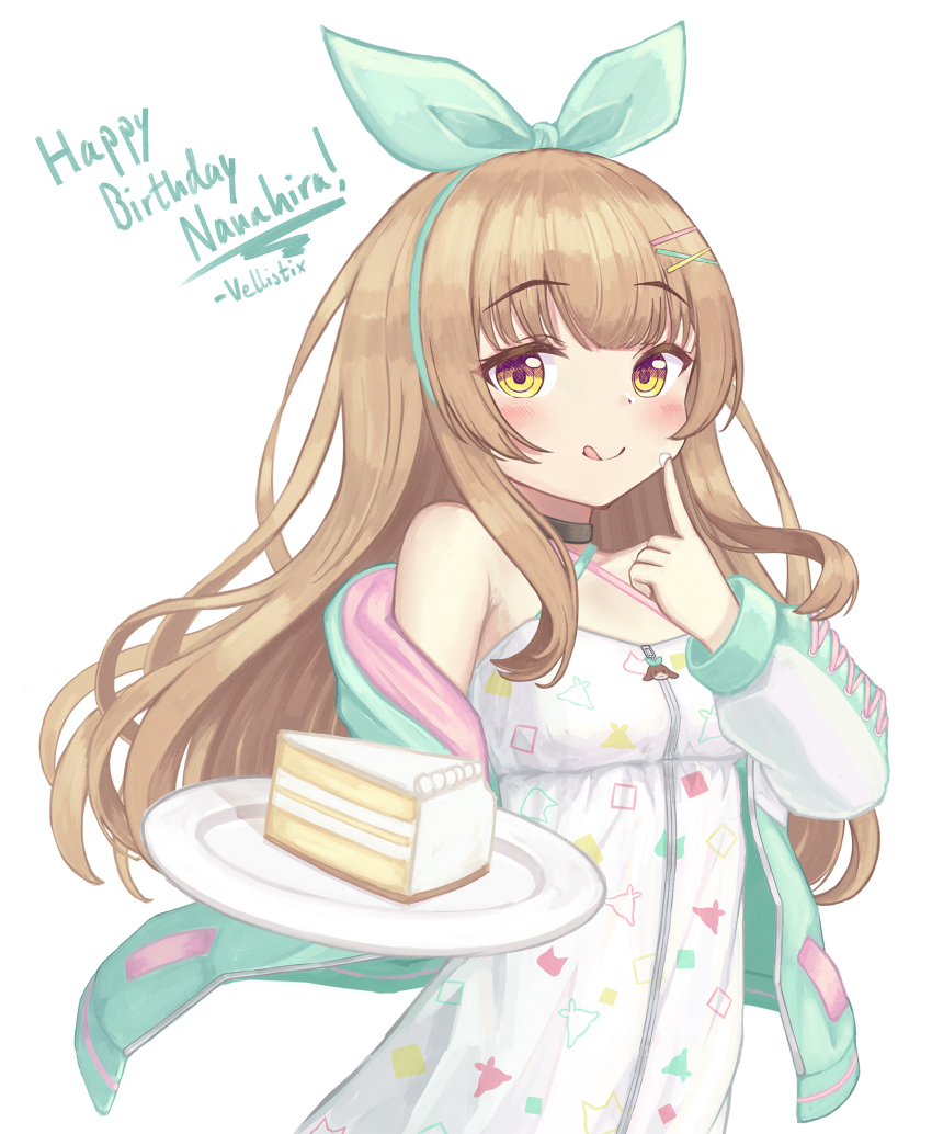 1girl, bebe_(nanahira), birthday, bow, bow_hairband, brown_hair, choker, dress