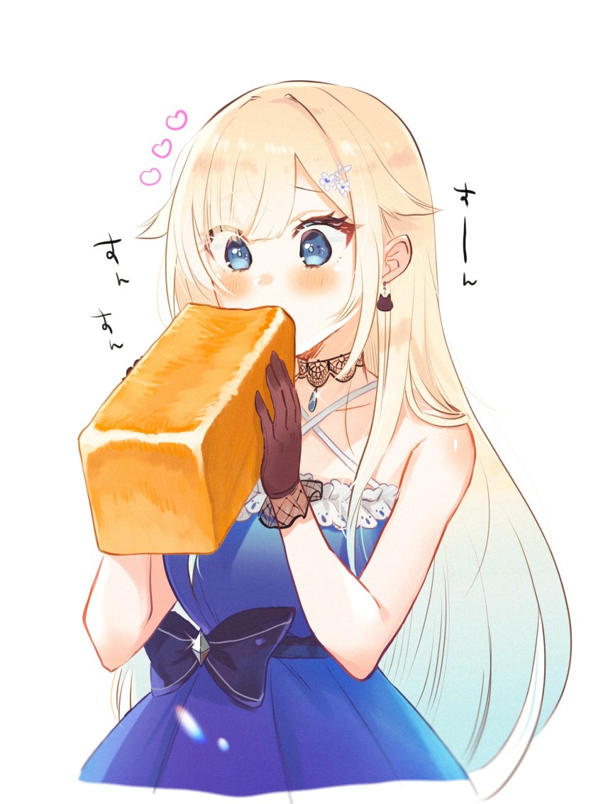 1girl, absurdres, aizawa_ema, aizawa_ema_(1st_costume), bad_id, bad_twitter_id, bare_shoulders, black_gloves, blonde_hair, blue_bow, blue_dress, blue_eyes, blue_hair, blush, bow, bread, cat_earrings, chamu_(zari_gani3), choker, criss-cross_halter, dress, earrings, eating, food, gloves, gradient_hair, hair_flaps, hair_ornament, halter_dress, halterneck, heart, highres, jewelry, lace, lace_choker, loaf_of_bread, long_hair, multicolored_hair, sash, solo, very_long_hair, virtual_youtuber, vspo!