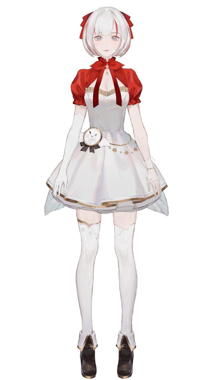 1girl, aozora_kurumi, black_footwear, breasts, cleavage, cleavage_cutout, clock, clothing_cutout, commentary, dress, elbow_gloves, english_commentary, full_body, gloves, grey_eyes, hair_ribbon, highres, looking_at_viewer, multicolored_hair, official_art, project_kavvaii, puffy_short_sleeves, puffy_sleeves, red_hair, red_ribbon, ribbon, second-party_source, short_sleeves, silver_hair, simple_background, single_elbow_glove, single_glove, single_wrist_cuff, solo, standing, straight-on, streaked_hair, tachi-e, thighhighs, virtual_youtuber, white_background, white_dress, white_thighhighs, wrist_cuffs, yueko_(jiayue_wu)