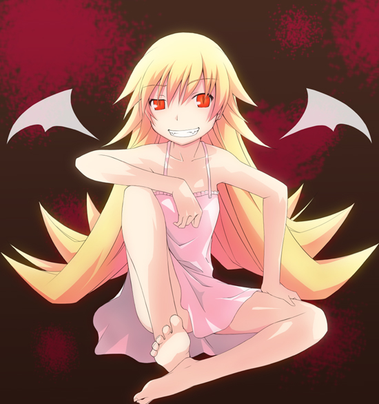 00s, 1girl, bakemonogatari, barefoot, bat_wings, dousaki_shin'ya, dress, fangs, feet, female_focus, flat_chest, grin, monogatari_(series), oshino_shinobu, red_eyes, sitting, slit_pupils, smile, solo, sundress, wings