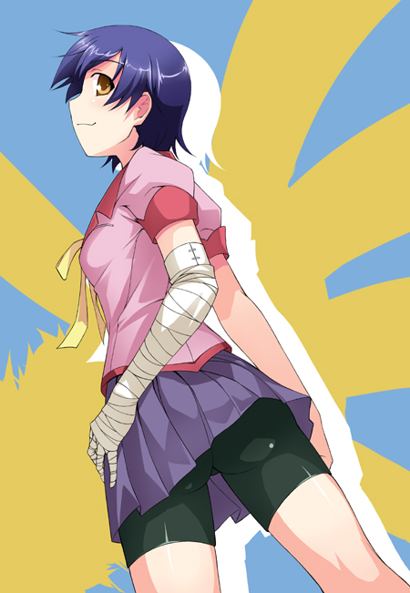 00s, 1girl, ass, bakemonogatari, bandages, bandaged_arm, bike_shorts, blue_hair, brown_eyes, dousaki_shin'ya, female_focus, kanbaru_suruga, looking_back, monogatari_(series), neck_ribbon, ribbon, school_uniform, short_hair, shorts, silhouette, skirt, solo