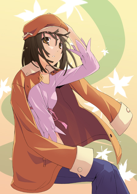 00s, 1girl, :o, arm_up, bad_id, bad_pixiv_id, bakemonogatari, blue_pants