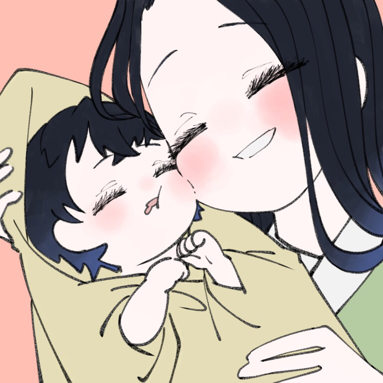 1boy, 1girl, baby, black_hair, blue_hair, blush, carrying, carrying_person