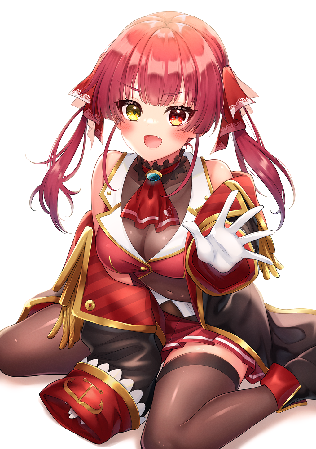 1girl, :d, ankle_boots, arm_between_legs, ascot, ayumi_(as0206), bare_shoulders, belt