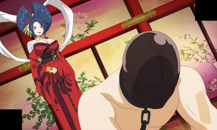 1boy, 1girl, anime_screenshot, bare_shoulders, breasts, cleavage, eden's_zero, femdom, highres, japanese_clothes, kimono, kurenai_kogetsu, large_breasts, leash, mature_female, red_kimono, stitched, third-party_edit