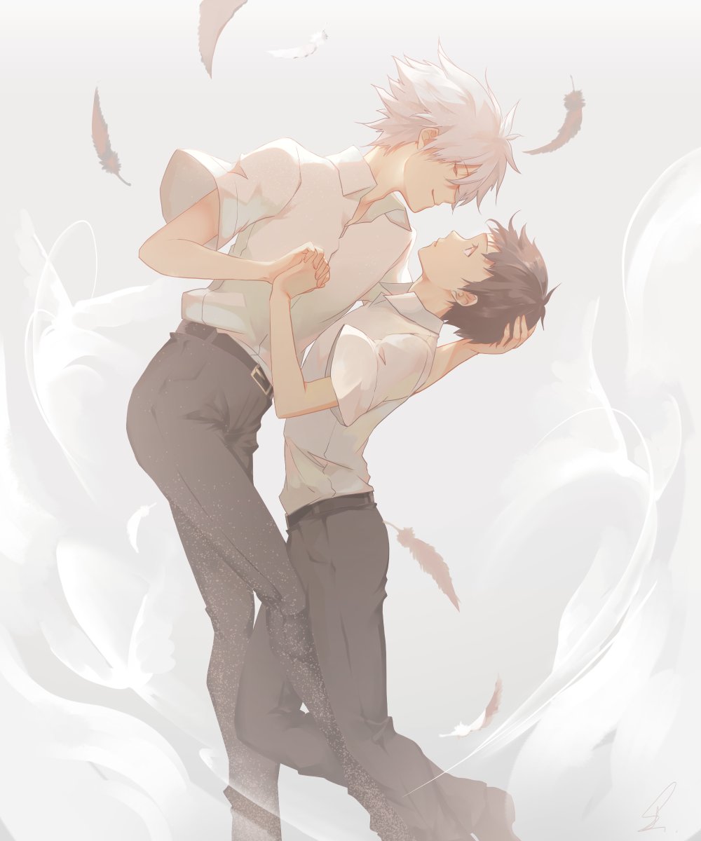 2boys, backlighting, belt, bishounen, black_belt, black_eyes, black_hair, black_pants