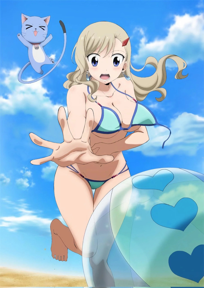 1girl, beach, bikini, blonde_hair, blue_eyes, breasts, cleavage, earrings, eden's_zero, happy_(eden's_zero), highres, jewelry, large_breasts, long_hair, navel, official_art, open_mouth, rebecca_bluegarden, swimsuit, underboob