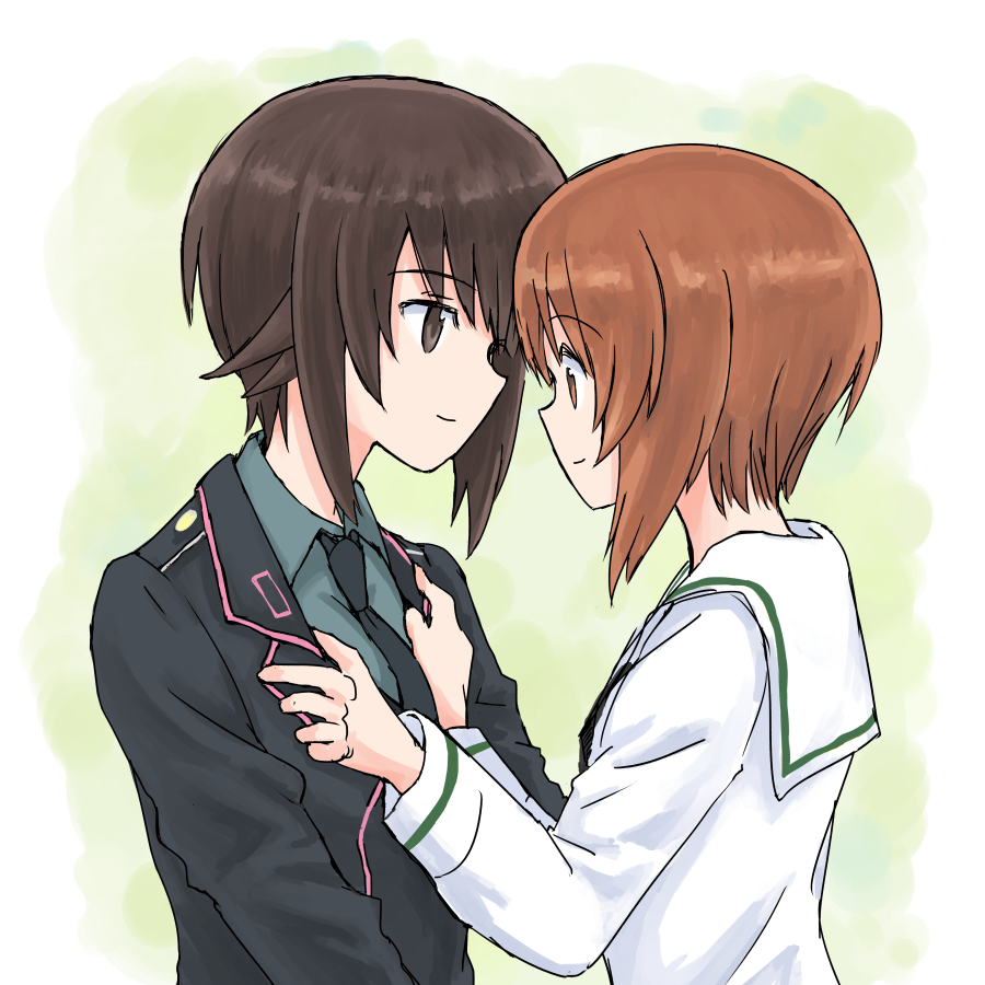 2girls, black_jacket, black_neckwear, blouse, brown_eyes, brown_hair, closed_mouth, commentary, dress_shirt, girls_und_panzer, grey_shirt, hands_on_another's_chest, incest, jacket, long_sleeves, looking_at_another, multiple_girls, mutsu_(layergreen), neckerchief, necktie, niedersachsen_military_uniform, nishizumi_maho, nishizumi_miho, ooarai_school_uniform, sailor_collar, school_uniform, serafuku, shirt, short_hair, siblings, sisters, smile, white_sailor_collar, white_shirt, wing_collar, yuri