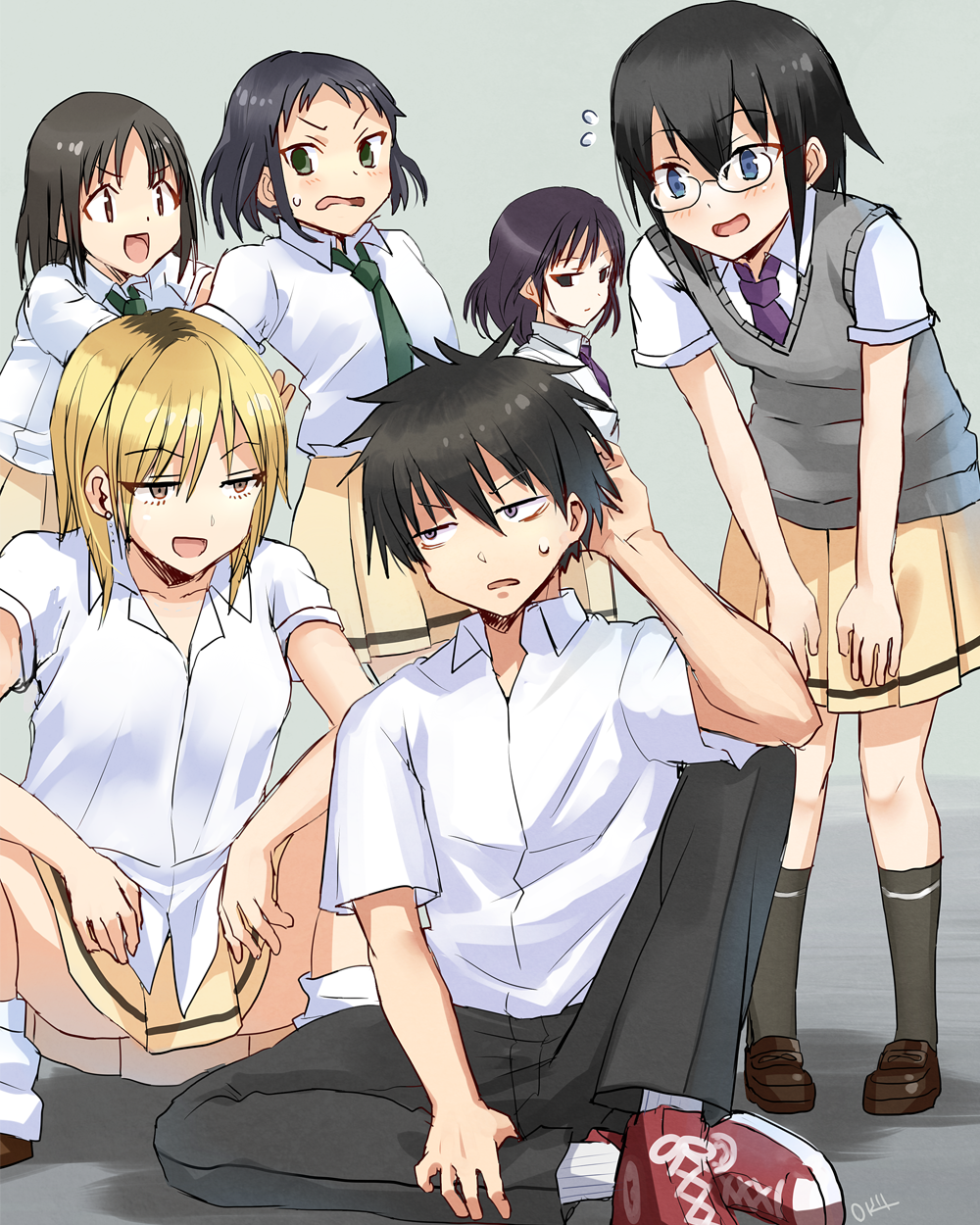 1boy, 5girls, :d, bags_under_eyes, black_hair, black_pants, black_socks, blonde_hair, collared_shirt, commentary_request, dress_shirt, earrings, empty_eyes, flying_sweatdrops, glasses, green_neckwear, grey_background, grey_vest, hand_on_own_leg, hands_on_own_thighs, highres, iguchi_akari, jewelry, kneehighs, komiyama_kotomi, kuroki_tomoki, loafers, loose_socks, medium_hair, mima_sachi, multiple_girls, necktie, okiru, open_mouth, pants, pleated_skirt, purple_neckwear, pushing, yoda_sayaka, school_uniform, shirt, shoes, short_hair, short_sleeves, single_stripe, sitting, skirt, smile, socks, squatting, standing, sweatdrop, sweater_vest, untucked_shirt, vest, watashi_ga_motenai_no_wa_dou_kangaetemo_omaera_ga_warui!, wavy_mouth, white_legwear, white_shirt, delinquent, yellow_skirt, yoshida_masaki