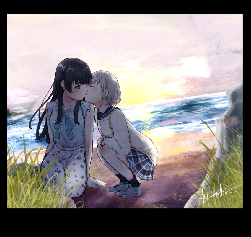 2girls, age_difference, arm_support, beach, black_border, black_hair, border, brown_eyes, closed_eyes, dutch_angle, grey_hair, highres, idolmaster, idolmaster_shiny_colors, kiss, kotobuki_haruki, long_hair, mayuzumi_fuyuko, multiple_girls, ocean, onee-loli, serizawa_asahi, short_hair, sitting, squatting, sunset, yuri