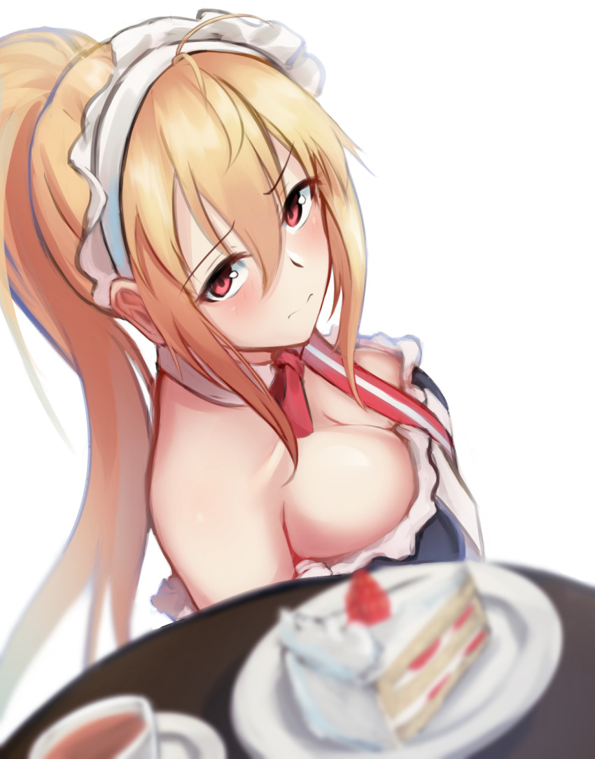 1girl, bare_shoulders, blonde_hair, blush, breasts, cleavage, closed_mouth, from_above, girls'_frontline, highres, holding, holding_tray, lodbyy, long_hair, looking_at_viewer, maid, maid_headdress, medium_breasts, ponytail, red_eyes, solo, standing, sv-98_(girls'_frontline), sv-98_(waitress)_(girls'_frontline), tray, white_background
