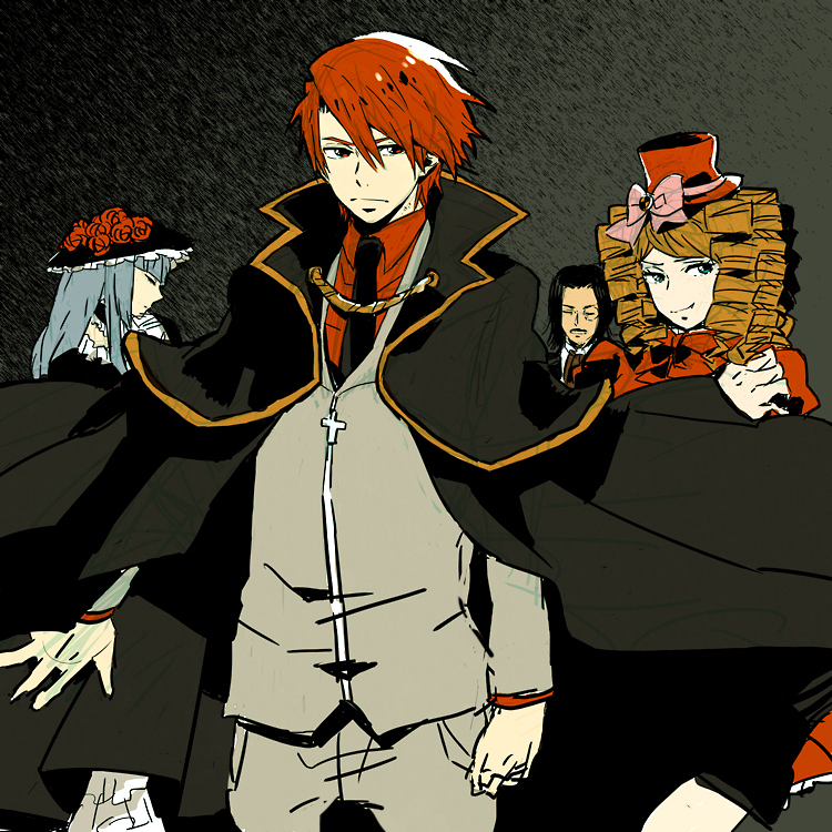 00s, 2boys, 2girls, bad_id, bad_pixiv_id, black_hair, blonde_hair, cape, choker, dress, drill_hair, flower, frills, gaap_(umineko), hat, monocle, multiple_boys, multiple_girls, necktie, red_hair, ronove_(umineko), rose, sana_(artist), sanada_(sappu), silver_hair, spoilers, top_hat, umineko_no_naku_koro_ni, ushiromiya_battler, virgilia_(umineko)