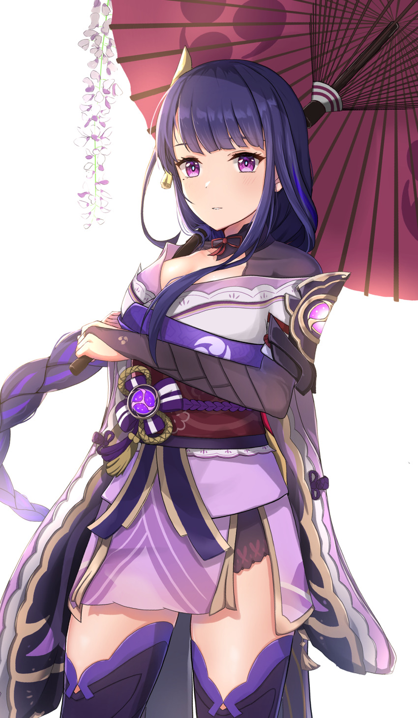1girl, absurdres, armor, ashiminoe, black_thighhighs, blush, braid, breasts, bridal_gauntlets, cleavage, commentary_request, floral_print, genshin_impact, hair_ornament, highres, holding, holding_umbrella, japanese_clothes, kimono, lace, lace-trimmed_panties, lace_trim, large_breasts, long_hair, long_sleeves, looking_at_viewer, mitsudomoe_(shape), mole, mole_under_eye, obi, obiage, obijime, panties, parted_lips, purple_eyes, purple_hair, purple_thighhighs, raiden_shogun, ribbon, sash, shoulder_armor, solo, tassel, thighhighs, tomoe_(symbol), umbrella, underwear, white_background, wide_sleeves
