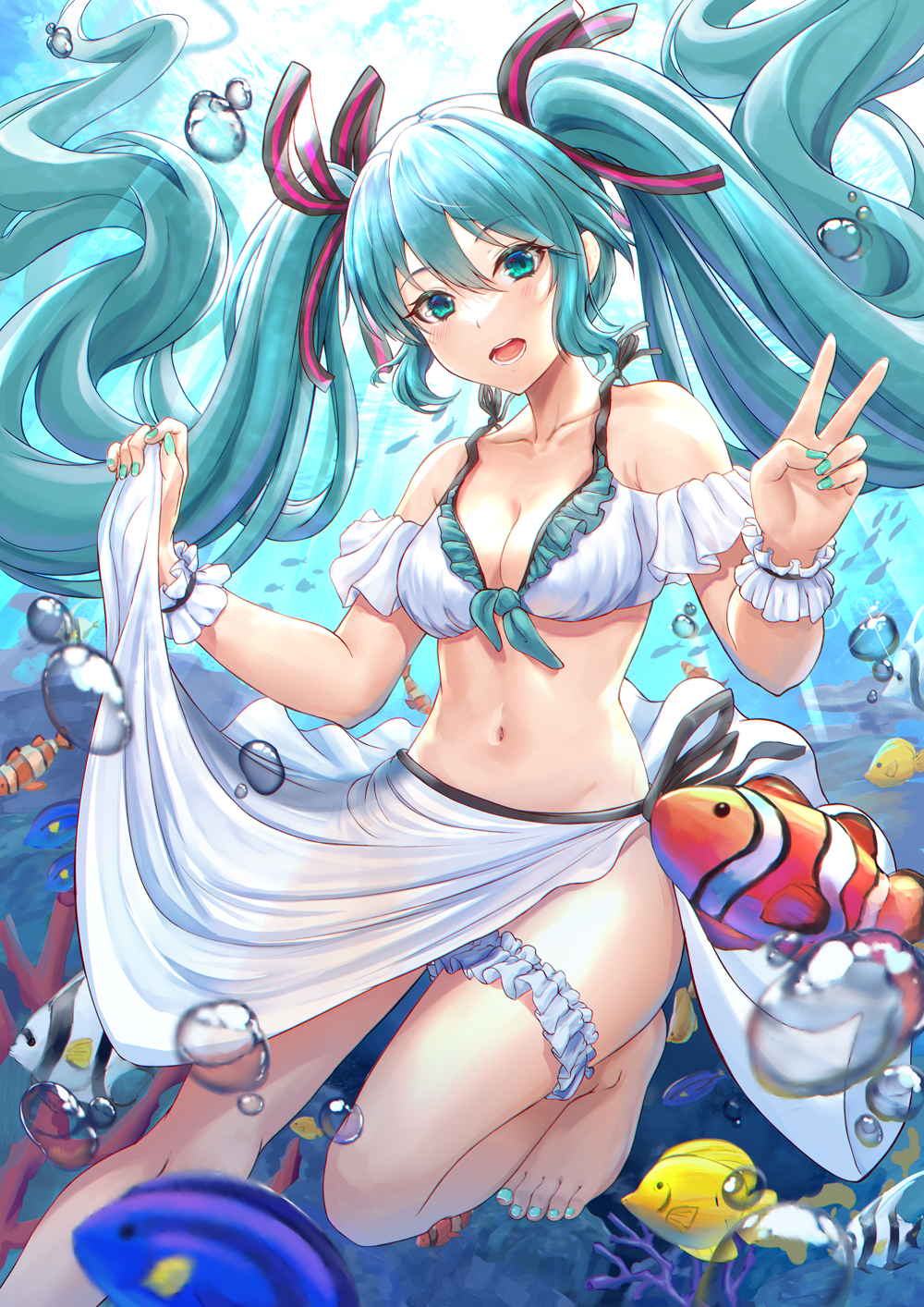 1girl, :d, air_bubble, aqua_eyes, aqua_hair, aqua_nails, bare_shoulders, barefoot, bikini, blue_tang_fish, blush, breasts, bubble, cleavage, clownfish, collarbone, fish, frilled_bikini, frilled_thigh_strap, frills, hair_ribbon, hatsune_miku, highres, leg_up, long_hair, looking_at_viewer, medium_breasts, nail_polish, navel, open_mouth, ribbon, sarong, see-through_clothes, sidelocks, smile, solo, stomach, suiete, surgeonfish, swimsuit, thigh_strap, toenail_polish, toenails, tropical_fish, twintails, two-tone_ribbon, underwater, v, very_long_hair, vocaloid, white_bikini, wrist_cuffs