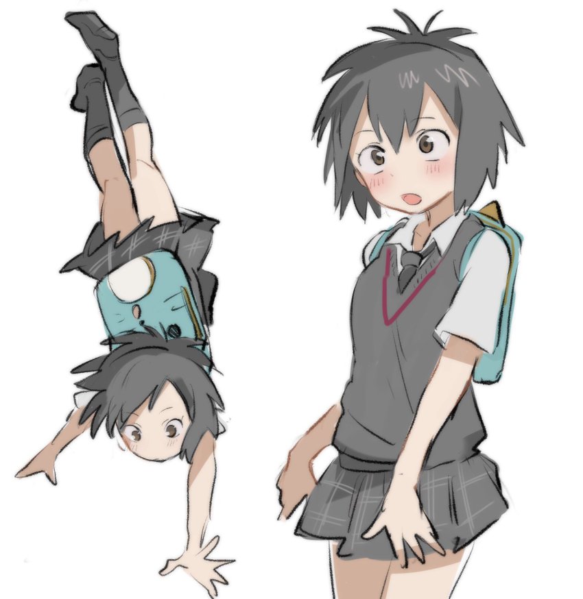 1girl, animal_bag, backpack, bag, black_footwear, black_hair, black_legwear, black_neckwear, black_skirt, black_sweater, black_sweater_vest, blush, brown_eyes, cat_bag, female_focus, green_bag, highres, if959u, looking_down, looking_up, marvel, necktie, open_mouth, peni_parker, school_uniform, shirt, shoes, short_hair, short_sleeves, simple_background, skirt, socks, spider-man:_into_the_spider-verse, spider-man_(series), spider-verse, standing, sweater, sweater_vest, upside-down, white_background, white_shirt