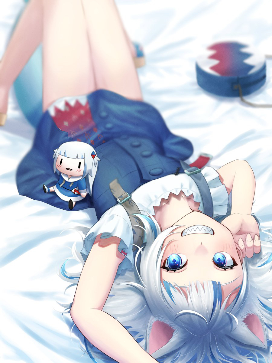 1girl, :3, aboreen, animal_ears, arm_up, bag, bed_sheet, blouse