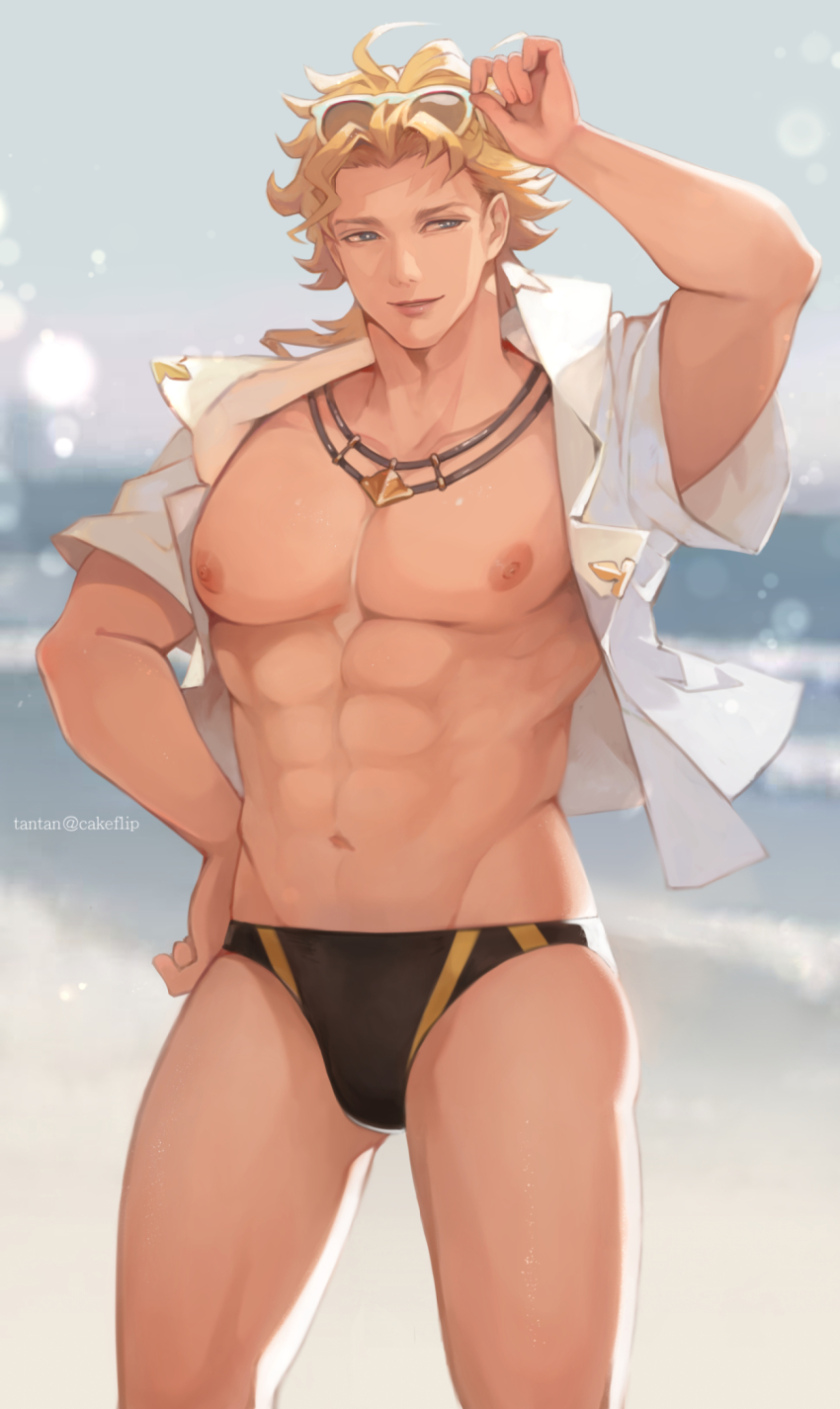 1boy, abs, bara, beach, black_male_swimwear, black_swim_briefs, blonde_hair, blue_eyes
