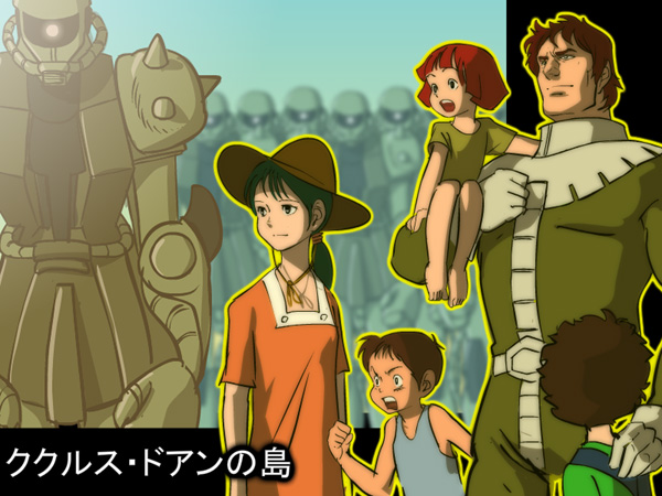 brown_hair, carrying_over_shoulder, cucuruz_doan, green_hair, gundam, hat, mobile_suit_gundam, multiple_boys