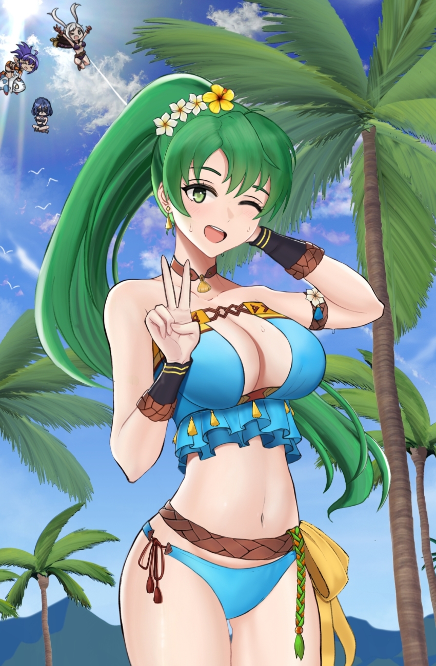 4girls, bikini, blue_hair, blue_sky, breasts, cleavage, cloud, day, desspie, earrings, female_robin_(fire_emblem), fire_emblem, fire_emblem:_radiant_dawn, fire_emblem:_the_blazing_blade, fire_emblem_awakening, fire_emblem_heroes, green_eyes, green_hair, highres, jewelry, lilith_(fire_emblem), long_hair, lucina_(fire_emblem), lucina_(summer)_(fire_emblem), lyn_(fire_emblem), lyn_(lady_of_the_beach)_(fire_emblem), marth_(fire_emblem_awakening), mask, mia_(fire_emblem), mia_(summer)_(fire_emblem), multiple_girls, nintendo, official_alternate_costume, one_eye_closed, open_mouth, outdoors, palm_tree, ponytail, short_hair, sky, solo_focus, swimsuit, tree, twintails, v, white_hair