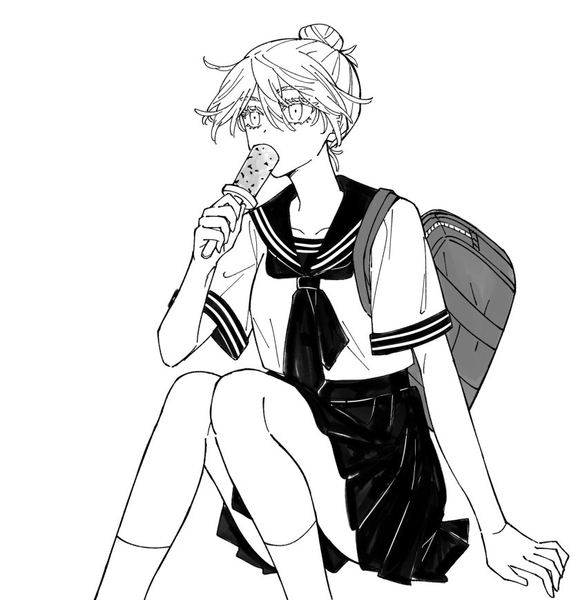 1girl, akashi_senju, black_coat, black_eyes, black_skirt, blouse, brown_hair, closed_mouth