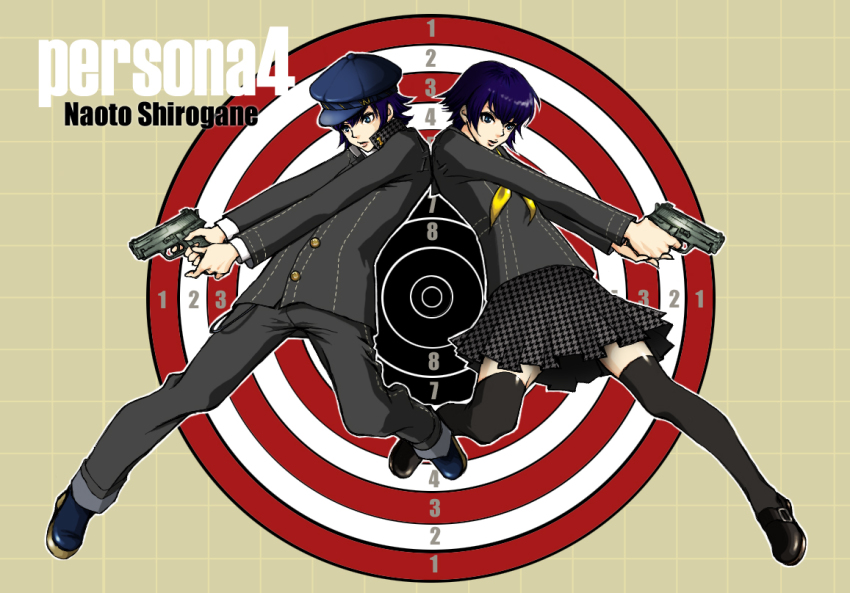 1girl, androgynous, atlus, blue_eyes, blue_hair, newsboy_cap, dual_persona, female_focus