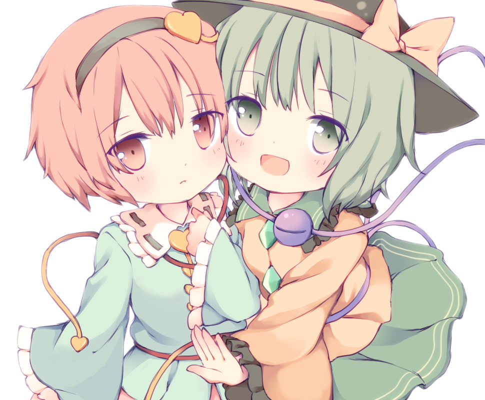 2girls, arms_up, black_hairband, black_headwear, blouse, blue_shirt, blush, bow