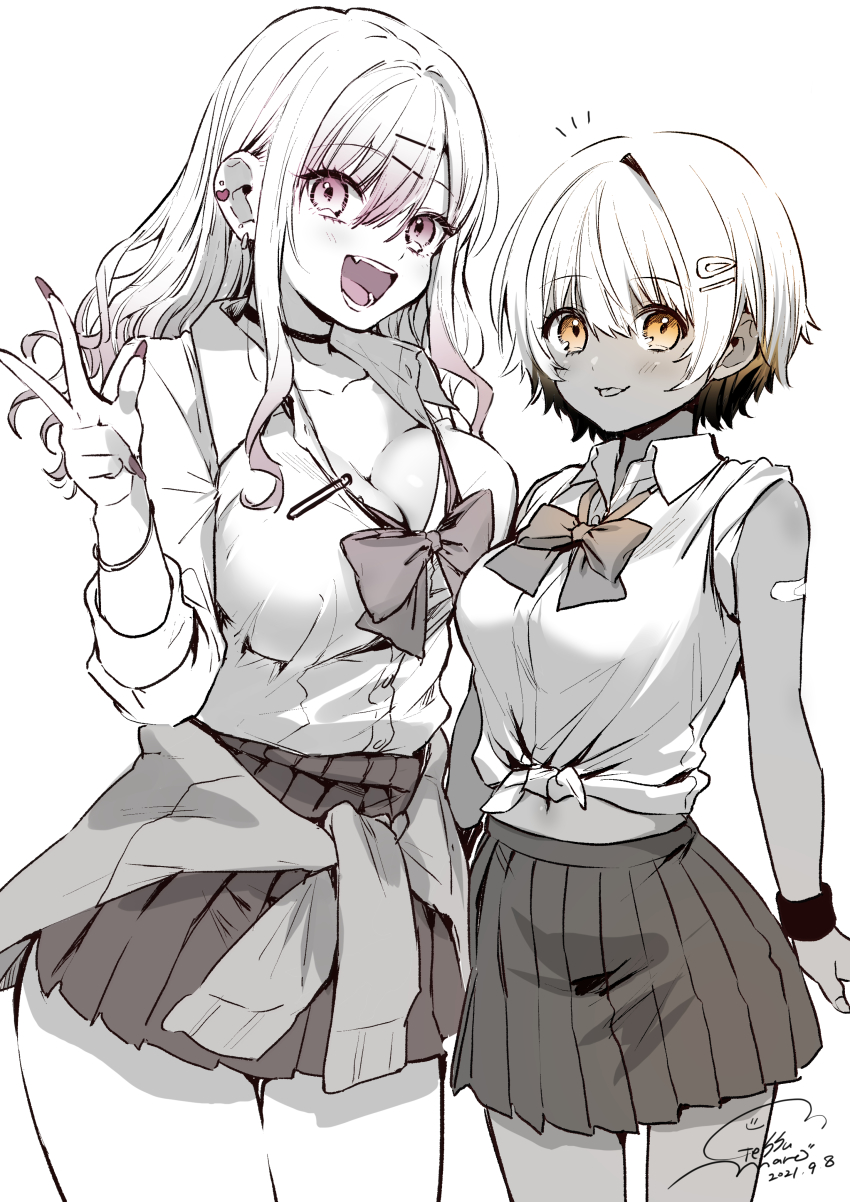 2girls, :d, :p, absurdres, amesuku_gyaru, bandaid, bandaid_on_arm, blush